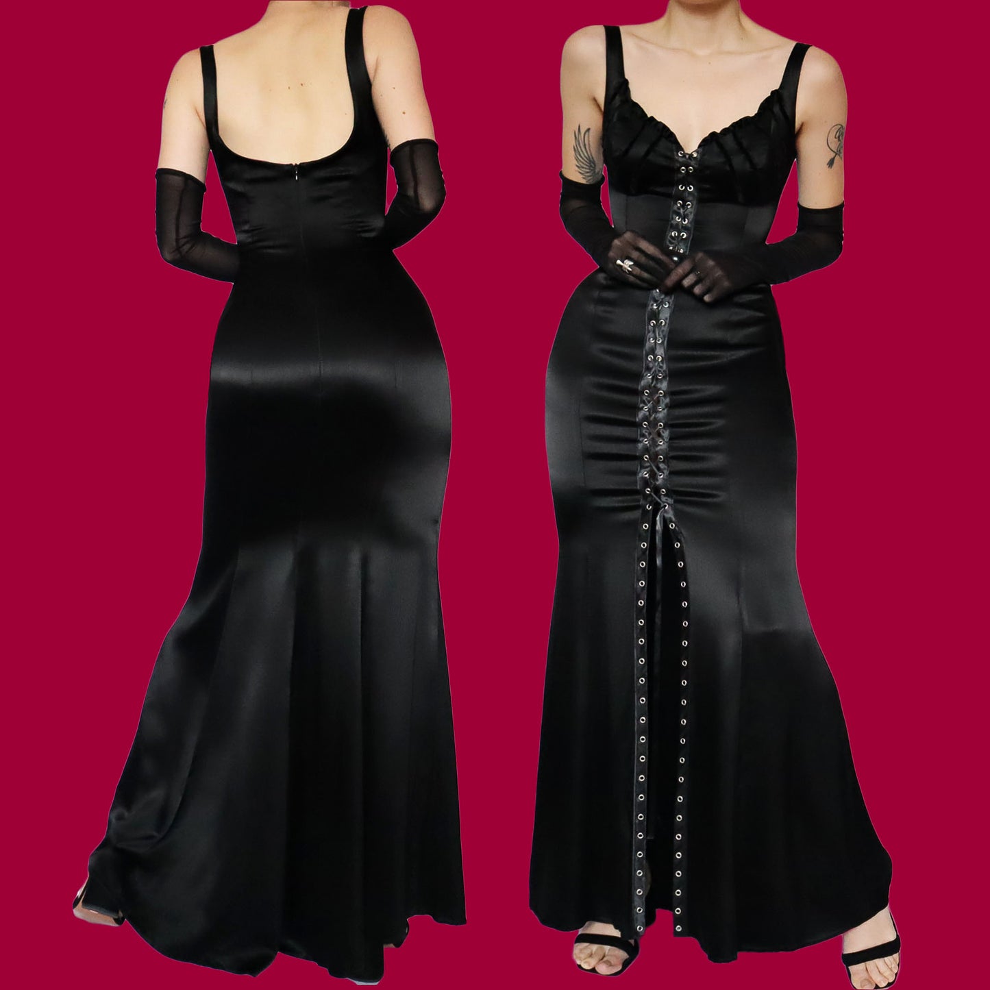 Black lace up front evening dress UK 12