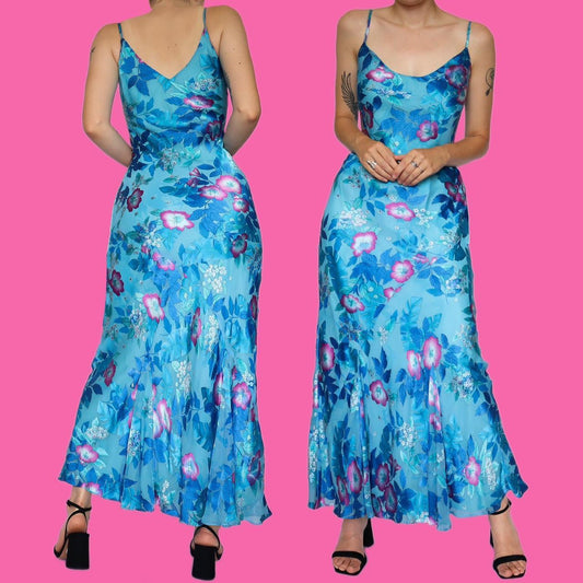 Beautiful silk blend bright blue floral slip dress UK 12