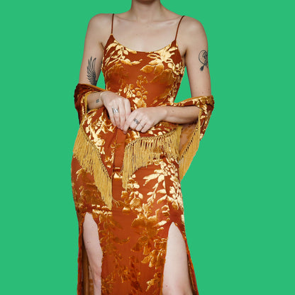 Golden velvet silk blend evening dress & shawl UK 10
