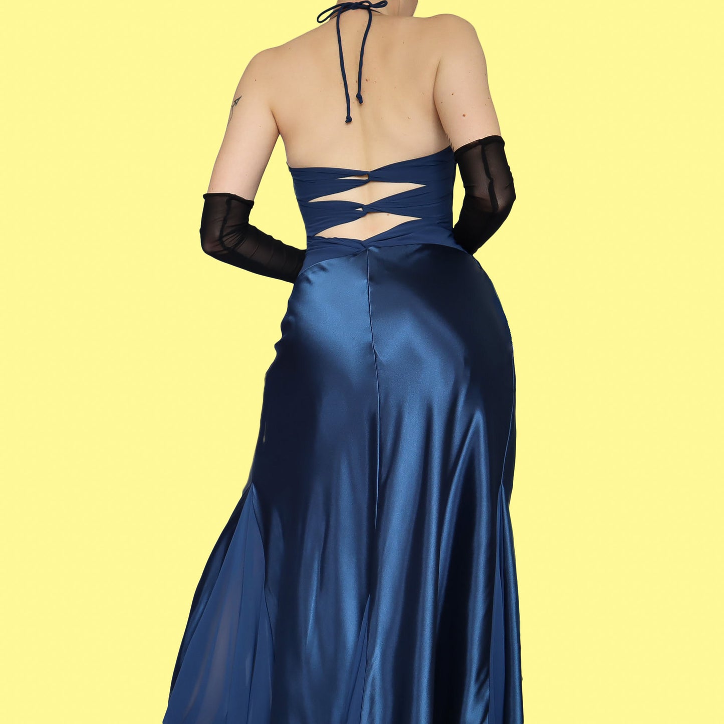 Blue satin halter-neck evening dress UK 12