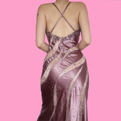 Stunning silky lilac beaded/lace evening dress with shawl UK S