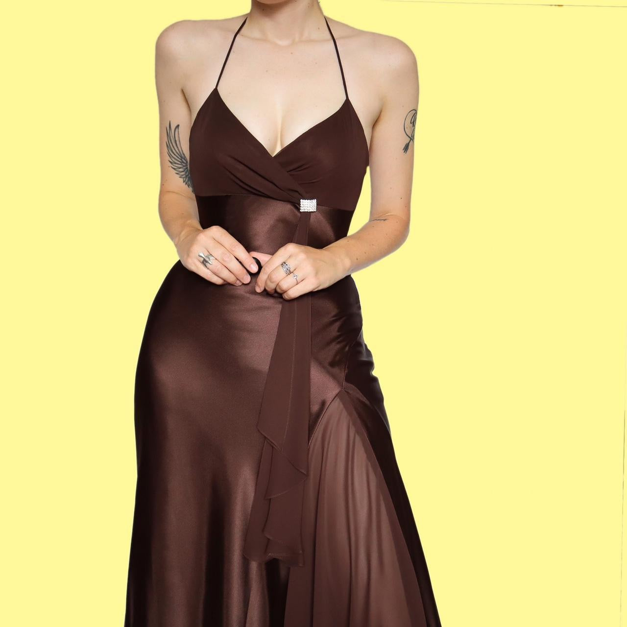 Beautiful brown satin halter-neck evening dress UK 8