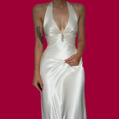 White satin diamanté wedding evening dress UK 8