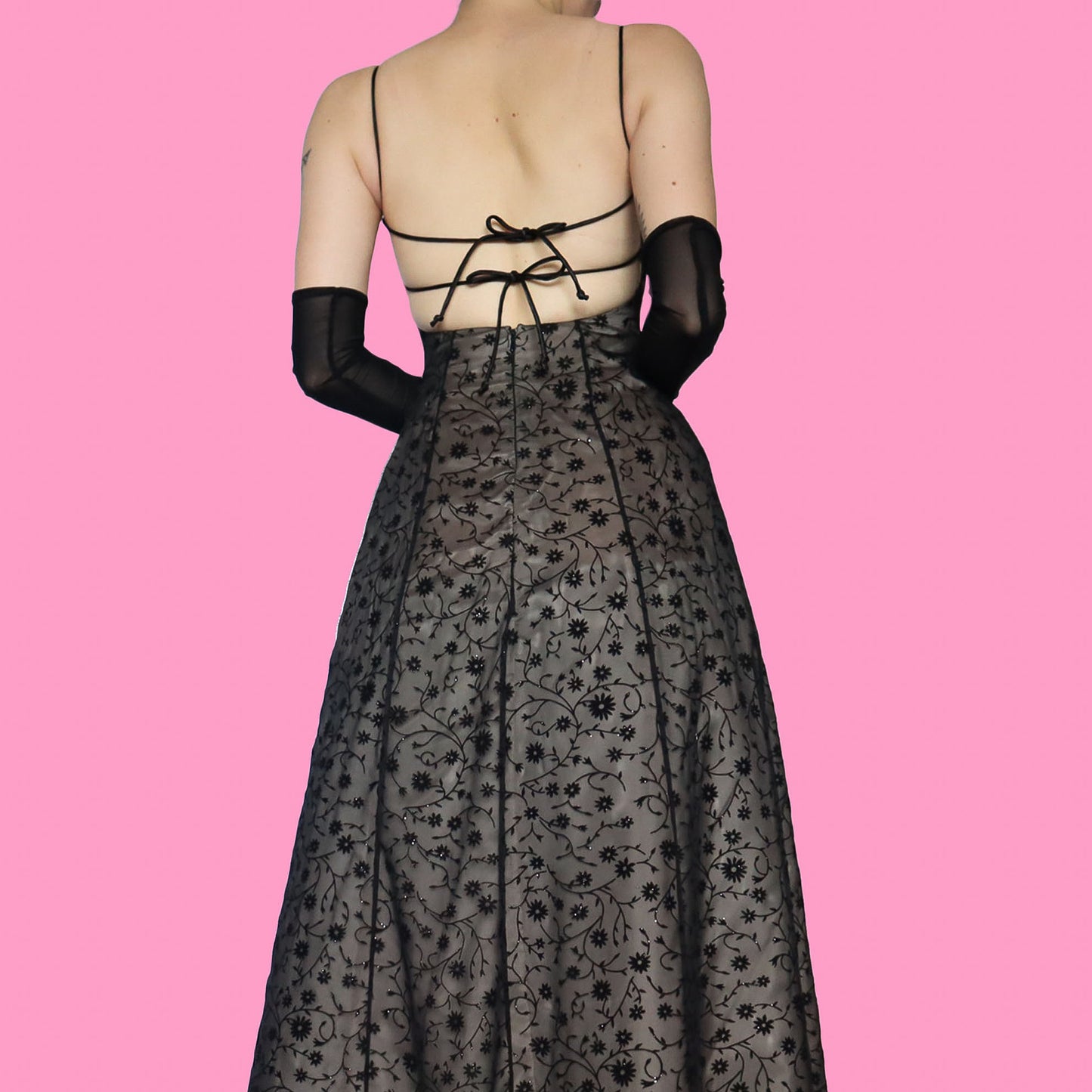 Black glittery floral a line prom dress UK 6