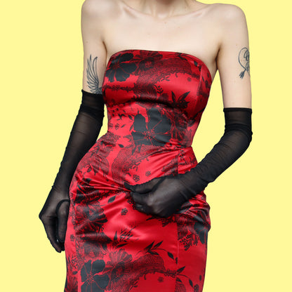 Red print strapless flared hem evening dress UK 14