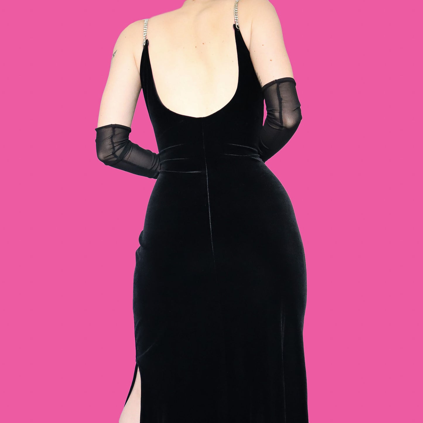 Black velvet diamanté evening dress UK 10