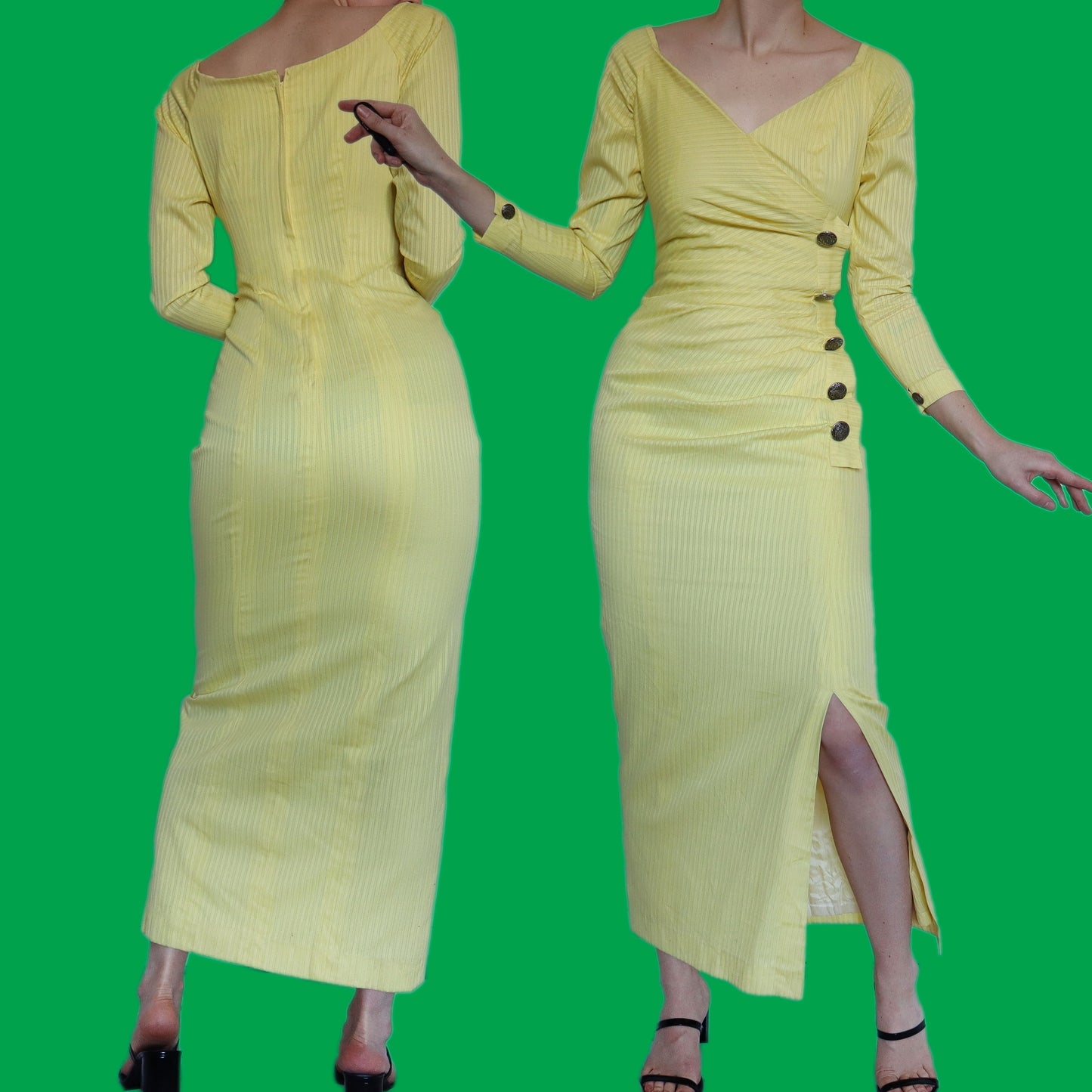 Beautiful bright yellow stripe long sleeve evening dress UK 12