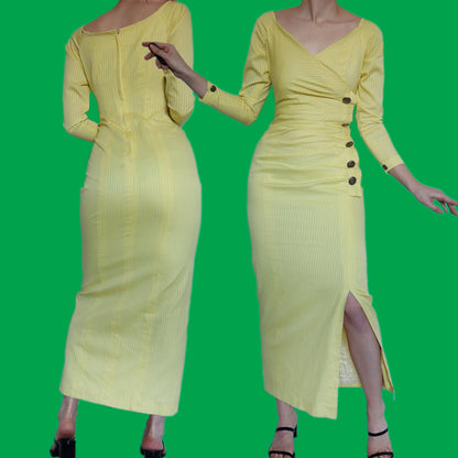 Beautiful bright yellow stripe long sleeve evening dress UK 12