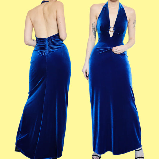 Stunning electric blue velvet halter neck evening dress UK 12
