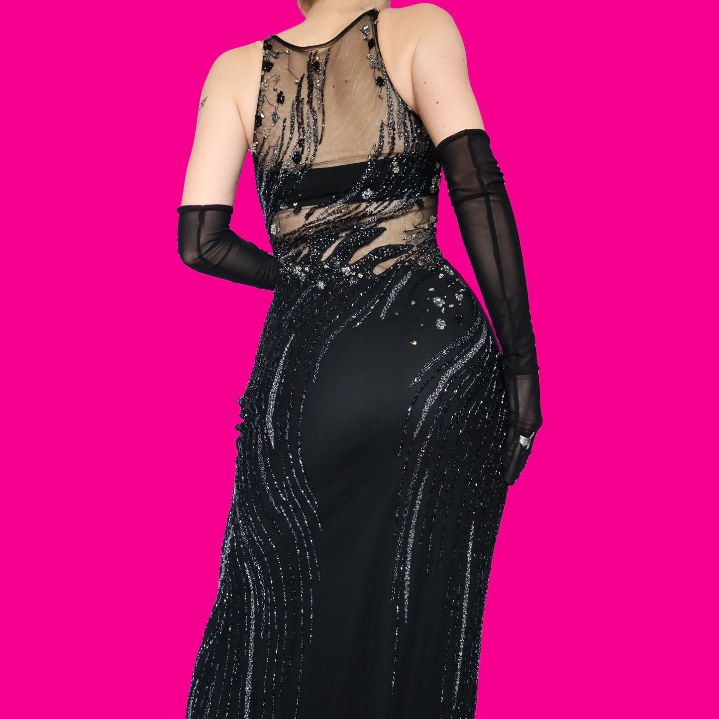 Black 100% silk heavily beaded evening dress UK 10/12