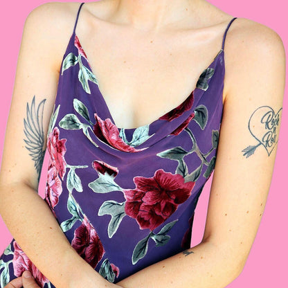 Beautiful silk blend purple velvet devore slip evening dress UK 14