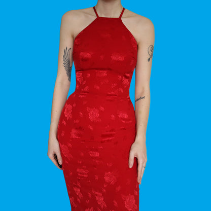 Beautiful fitted red floral evening midi dress UK 10