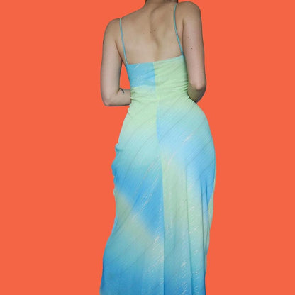 Green & blue glittery slip evening dress UK 12