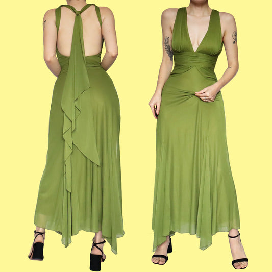 Green stretch open back evening dress UK 8