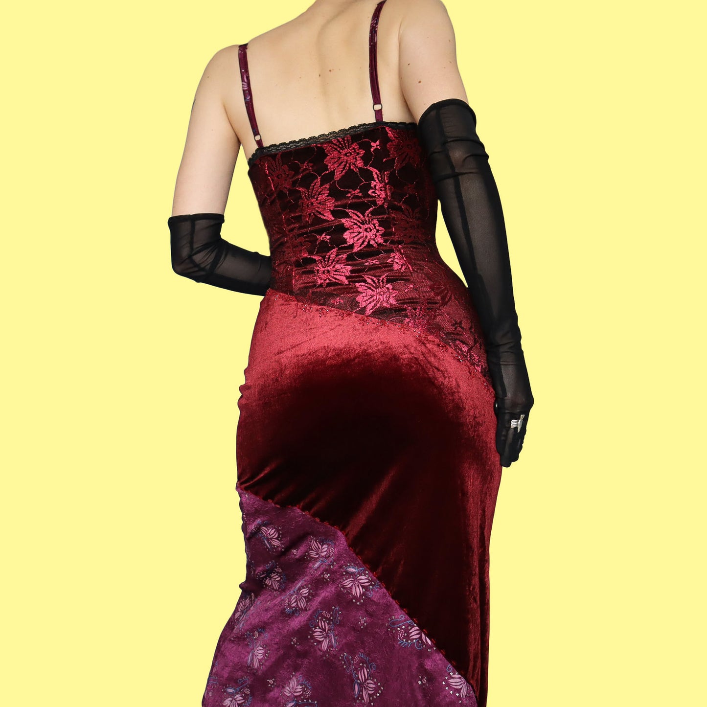 Patchwork lace & velvet slip dress UK S