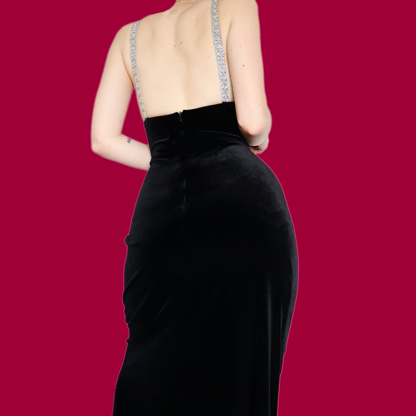 Chic black velvet stretch evening dress UK 16