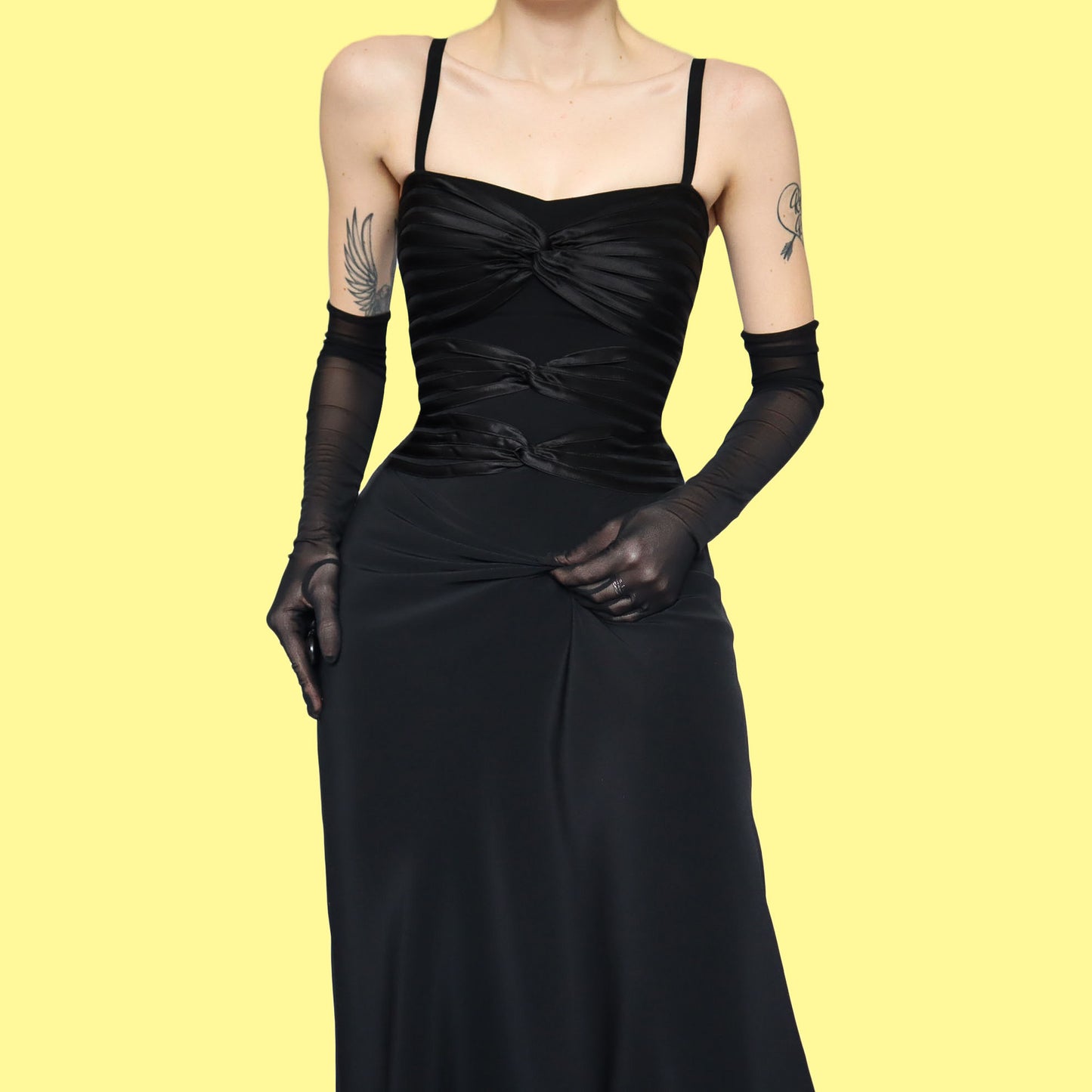 Black satin DUSK evening dress UK 12-14