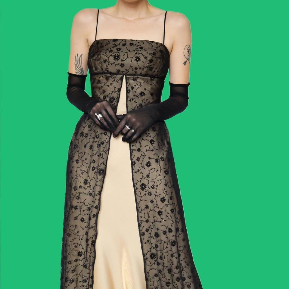 Gold & black floral slip evening dress UK 8