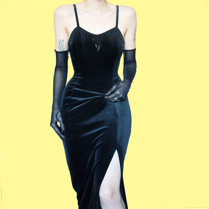 Black velvet beaded midi dress UK 10