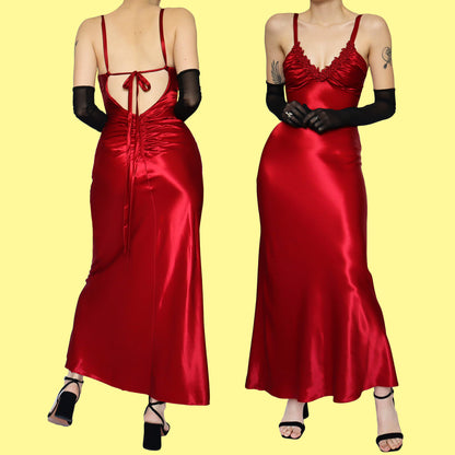 Silky red open back evening dress UK 8