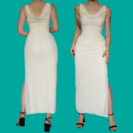 Cream chiffon draped evening dress UK 10