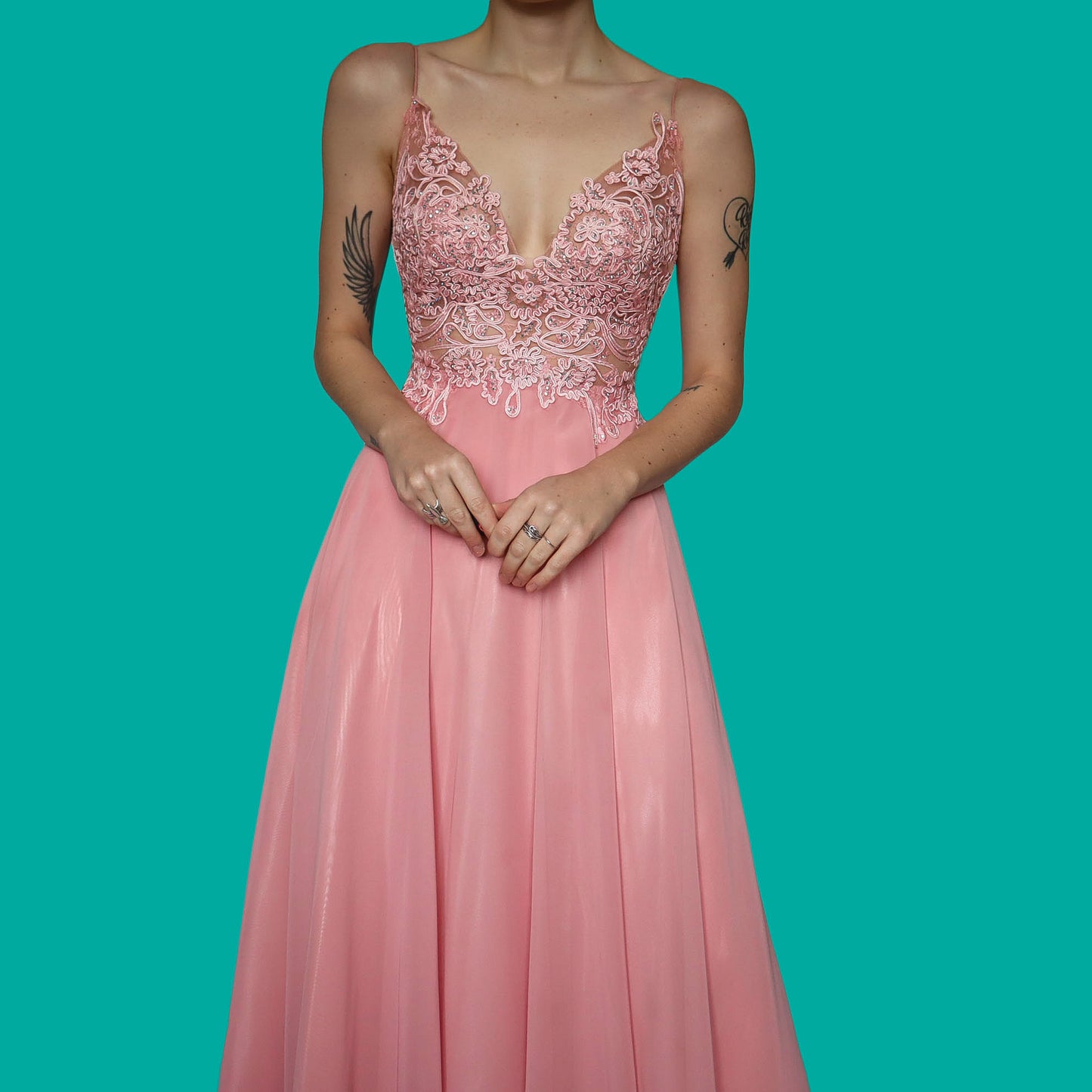 Pink lace flared evening dress UK 10