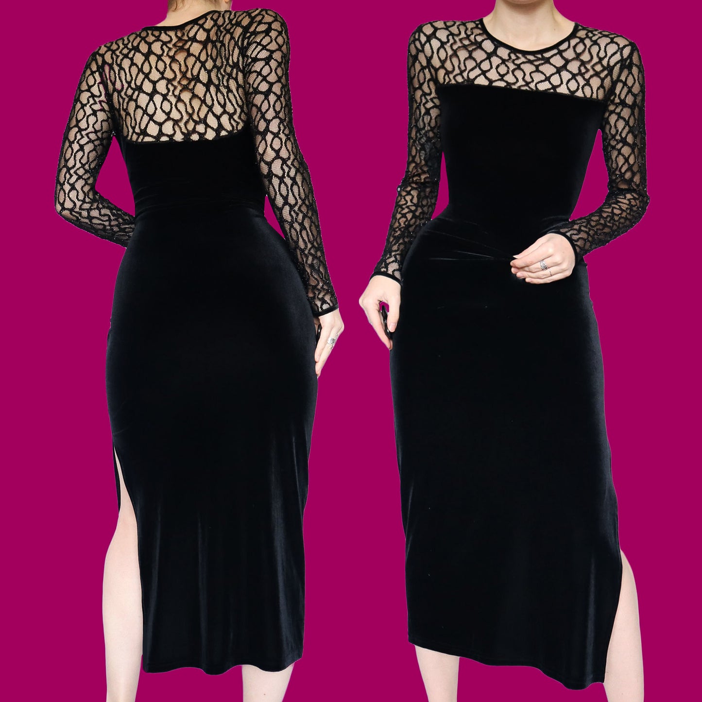 Black velvet long sleeve midi dress UK 14