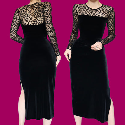 Black velvet long sleeve midi dress UK 14