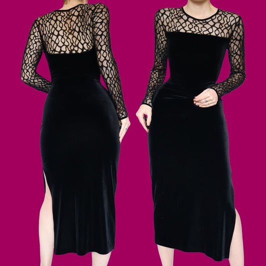 Black velvet long sleeve midi dress UK 14