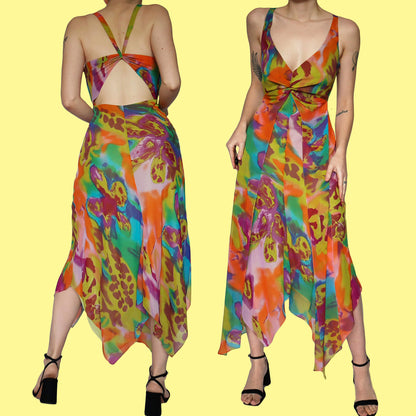 Colourful 100% silk evening dress UK 10