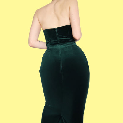 Chic green velvet strapless evening dress UK 12