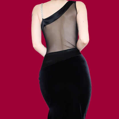 Stunning After Six by Ronald Joyce black velvet sheer panel evening dress UK 12