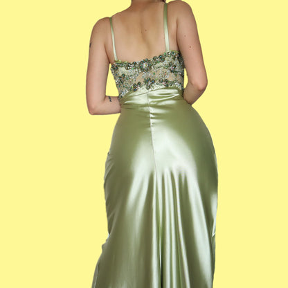 Green satin beaded evening prom dress UK 12