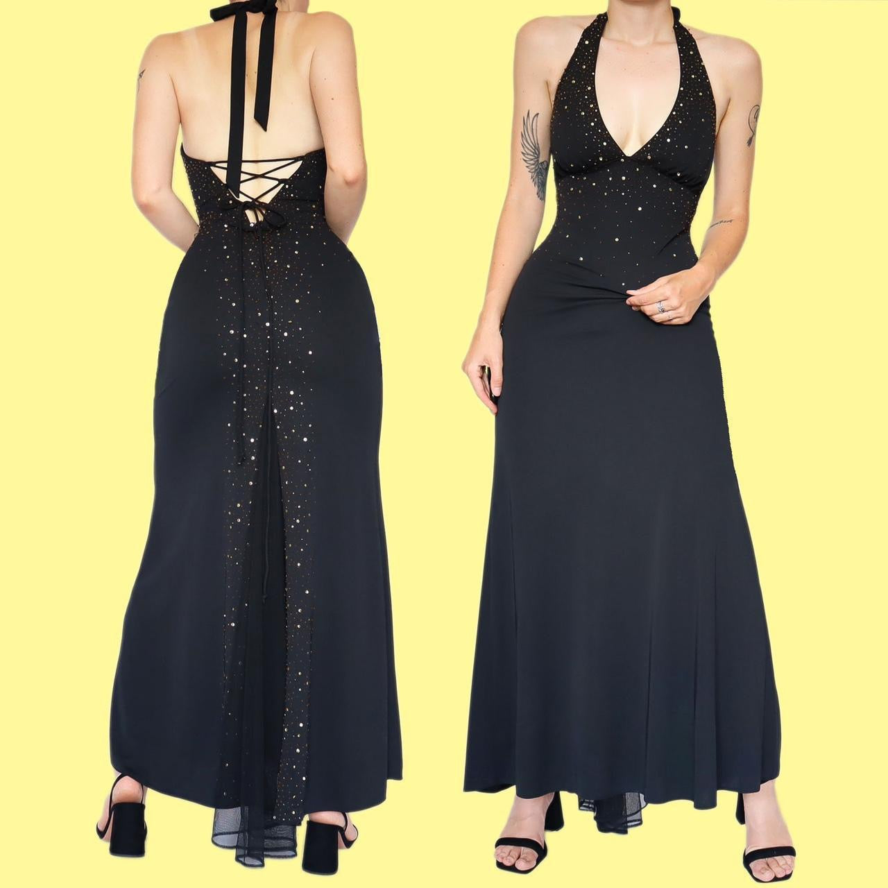 Chic black beaded sequin halter-neck evening dress UK 10