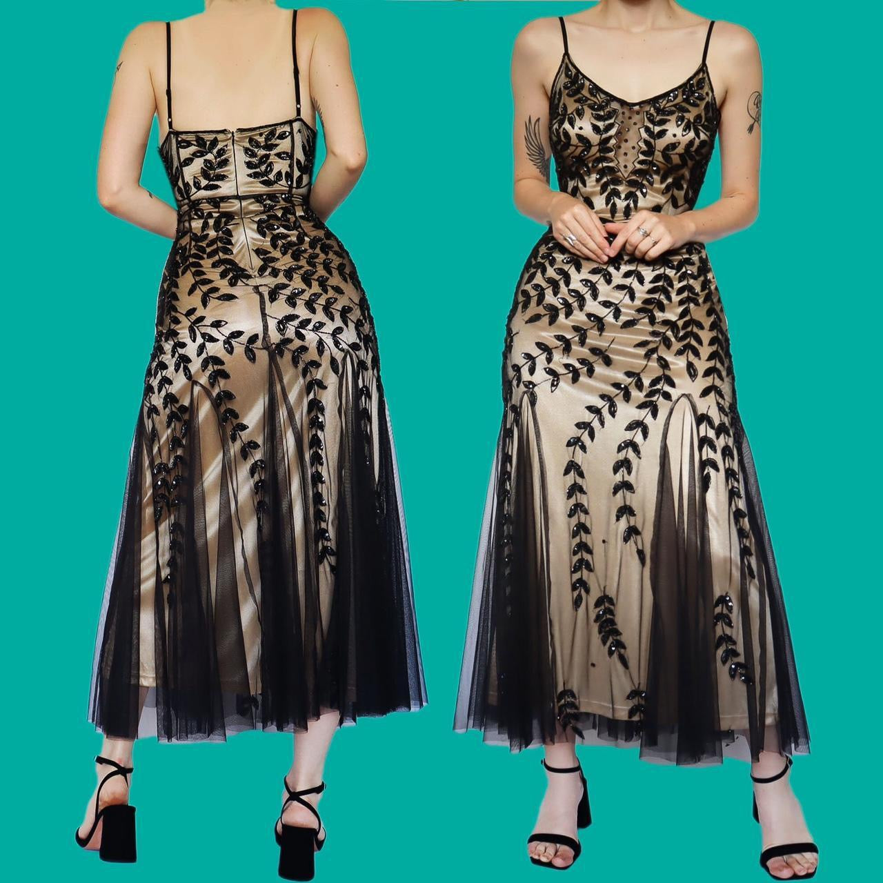 Beautiful tan with black sheer overlay beaded sequin party dress UK 12