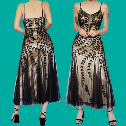 Beautiful tan with black sheer overlay beaded sequin party dress UK 12