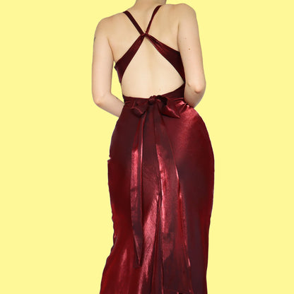 Silky red open back evening dress UK 8