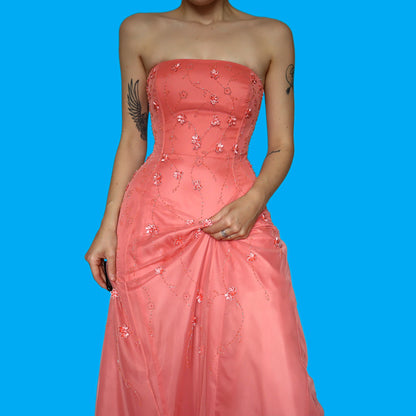 Beautiful peach beaded floral a line evening dress UK 10