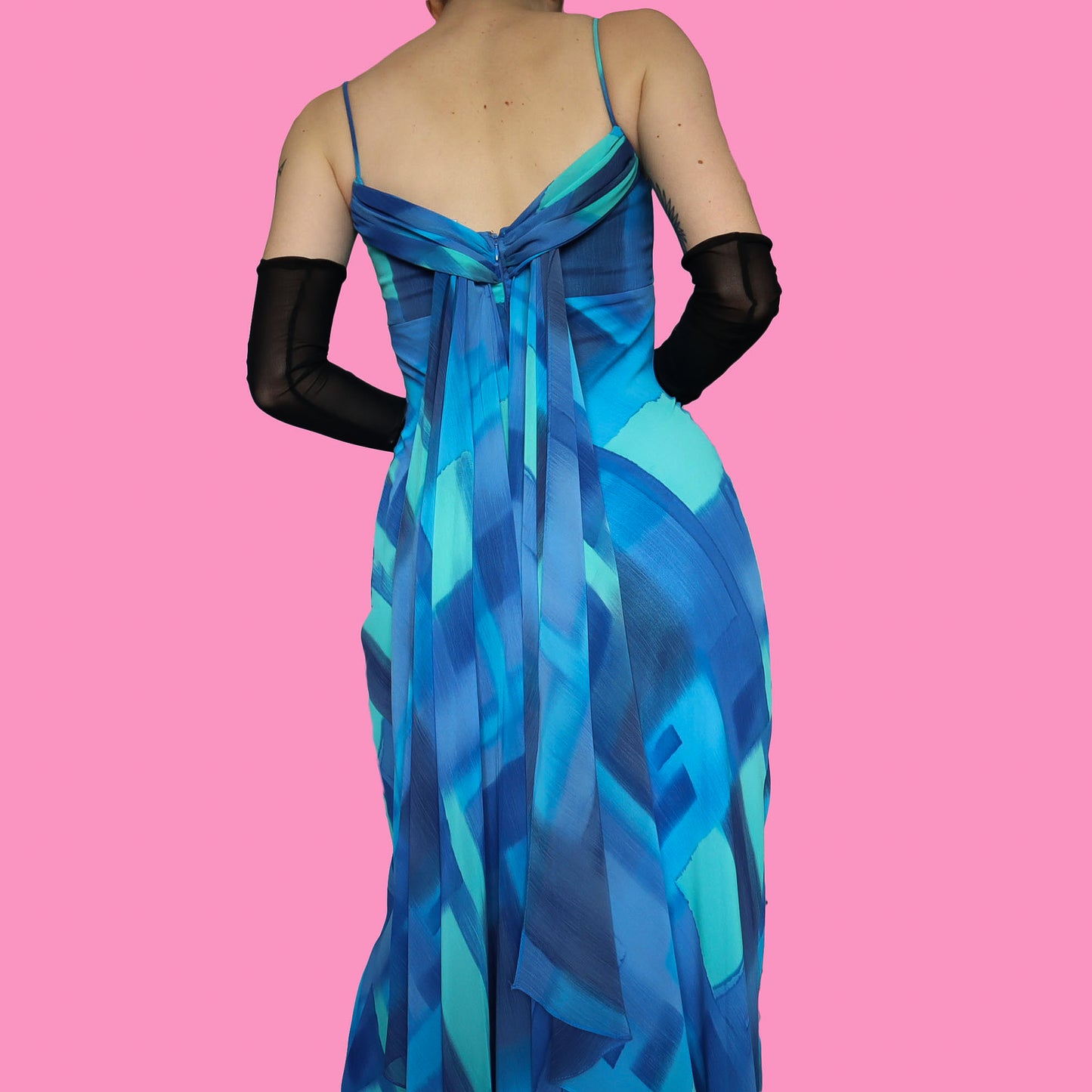 Funky blue print evening dress UK 10