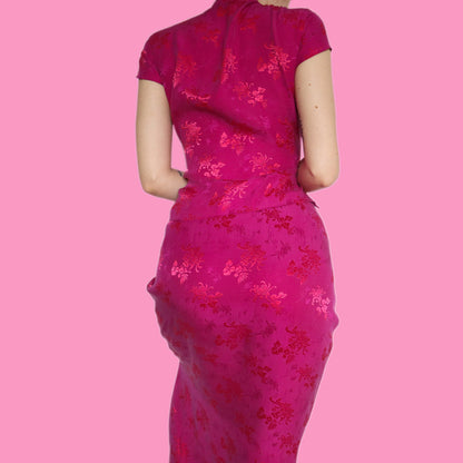 Beautiful bright pink silk blend floral 2 piece top & skirt set UK 14