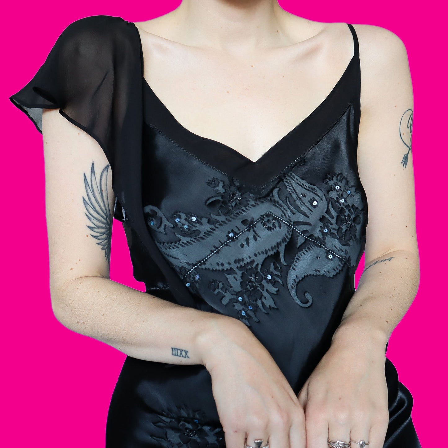 Black silk blend sequin evening dress UK 16