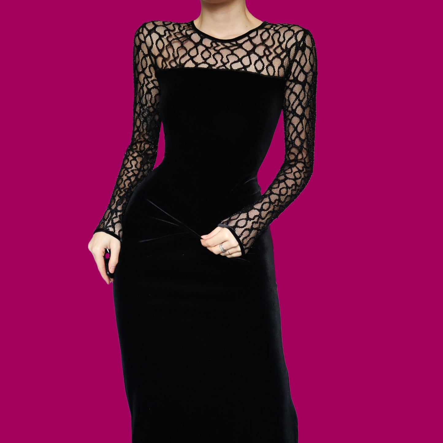 Black velvet long sleeve midi dress UK 14