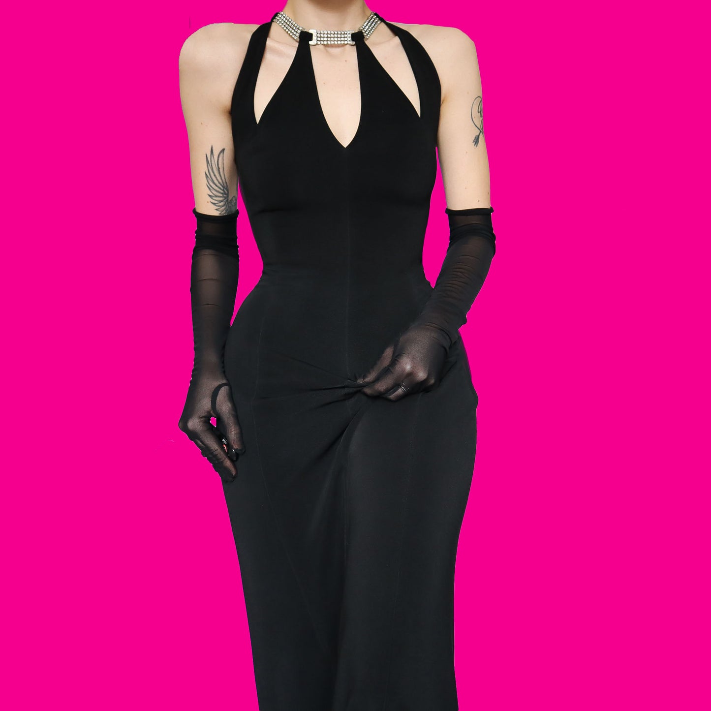 Chic black diamanté detail evening dress UK 14