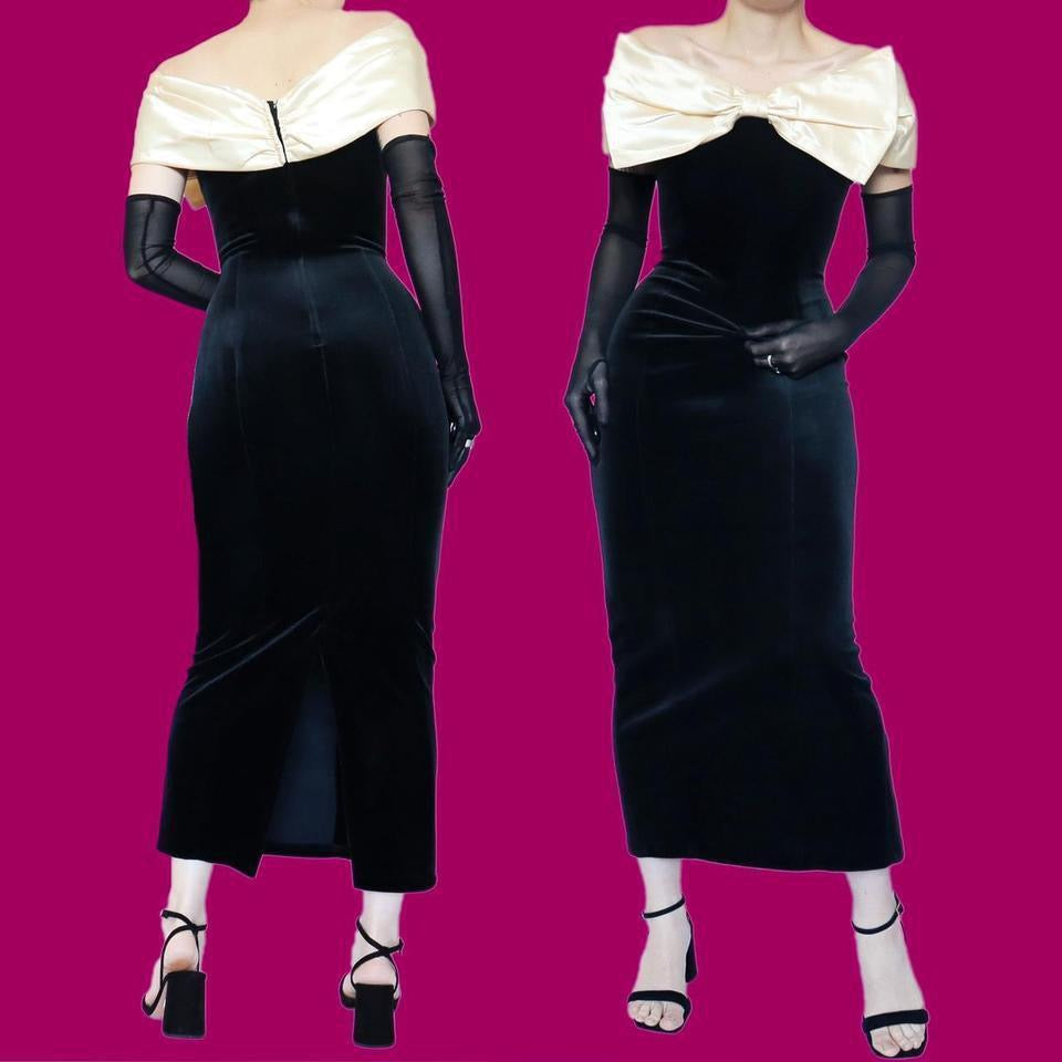Black velvet bow detail evening dress UK 12