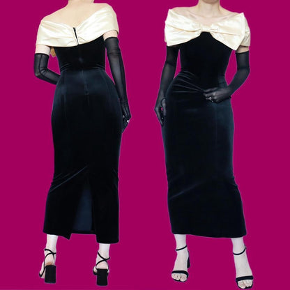 Black velvet bow detail evening dress UK 12