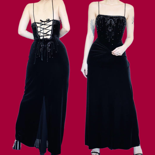 Stunning Dave & Johnny black velvet stretch beaded evening dress UK 12
