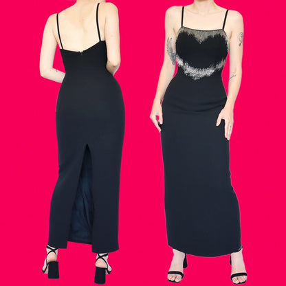 Chic black Frank Usher fitted beaded evening dress UK 10