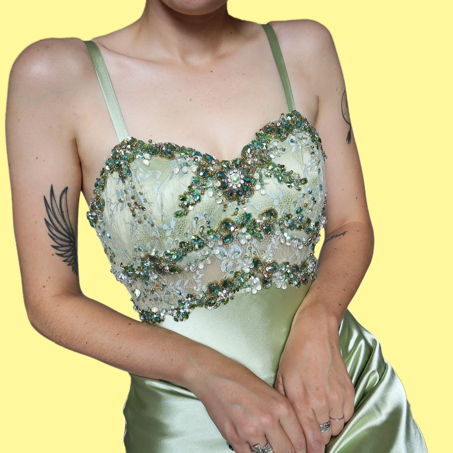 Green satin beaded evening prom dress UK 12