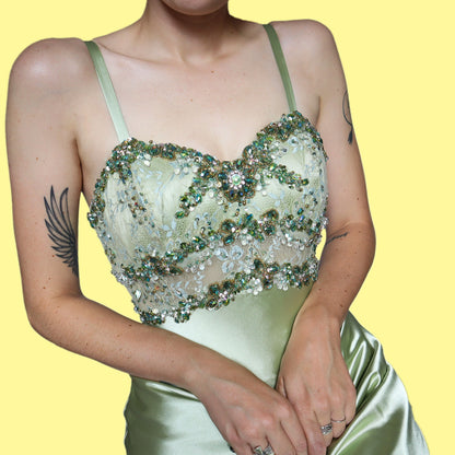 Green satin beaded evening prom dress UK 12