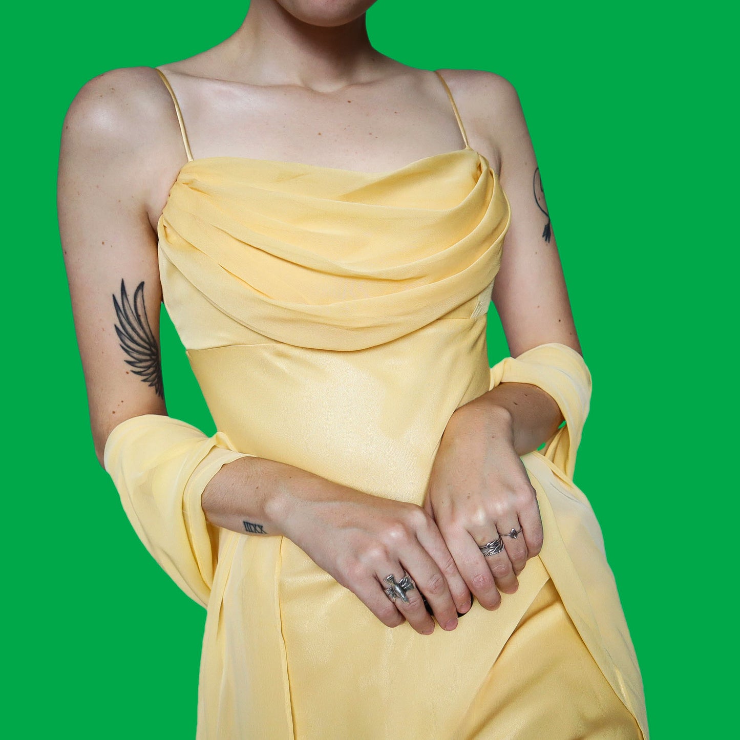 Yellow chiffon evening dress with shawl UK 8 & UK 12